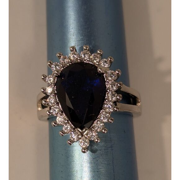 Teardrop Sapphire Blue and Clear Rhinestone Ring  Size  7.25 - Picture 7 of 10